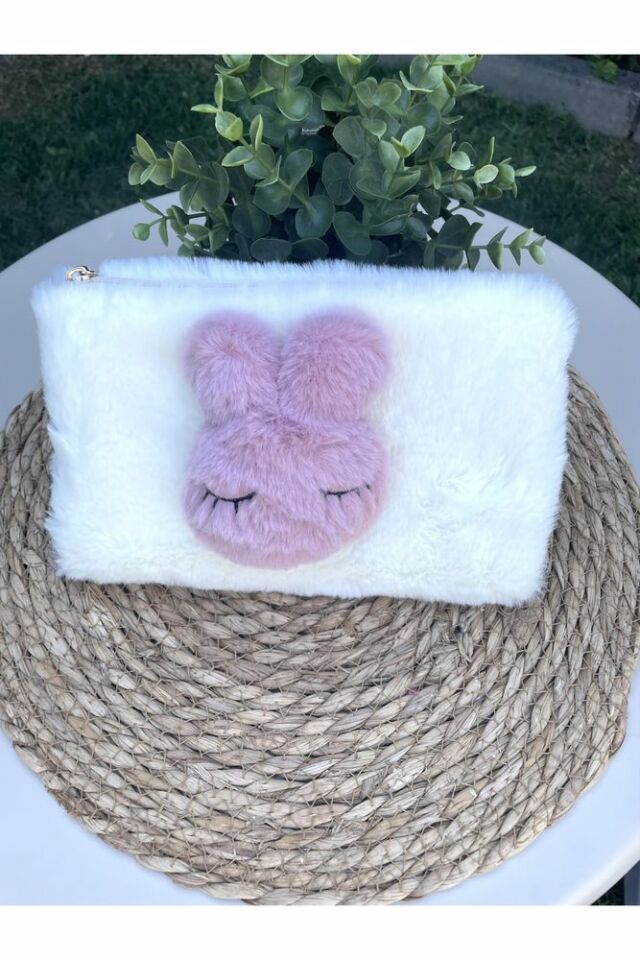 Tavşanlı Peluş Kalemlik veya Makyaj Çantası Beyaz