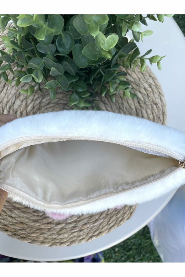 Tavşanlı Peluş Kalemlik veya Makyaj Çantası Beyaz