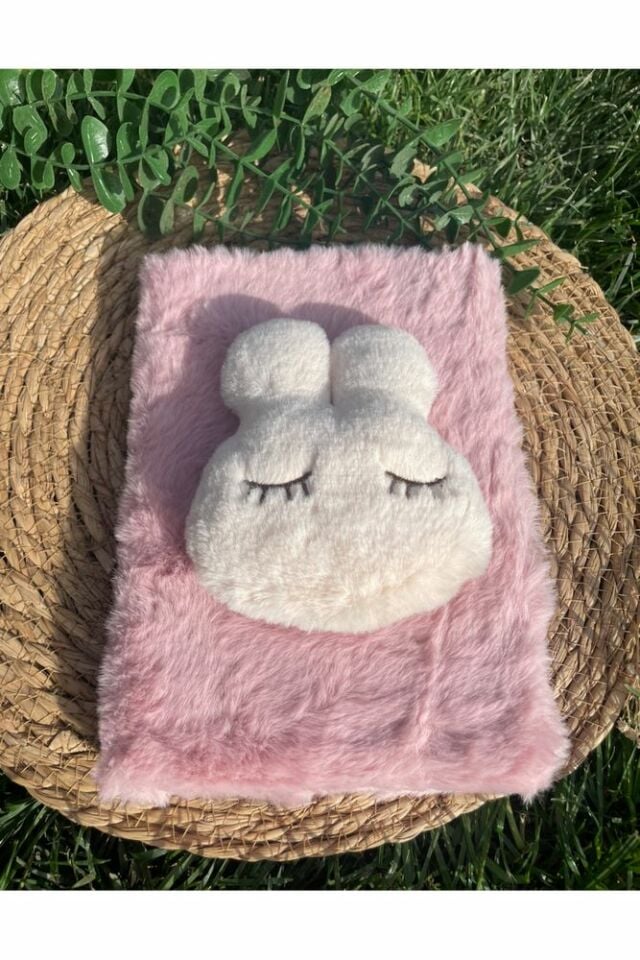 Peluş Kapaklı Tavşan kabartmalı Çizgili Defter Pembe