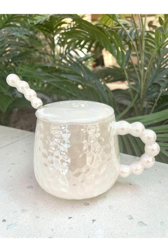 İnci Kupa Mug Beyaz-Kupa kapak ve kaşık