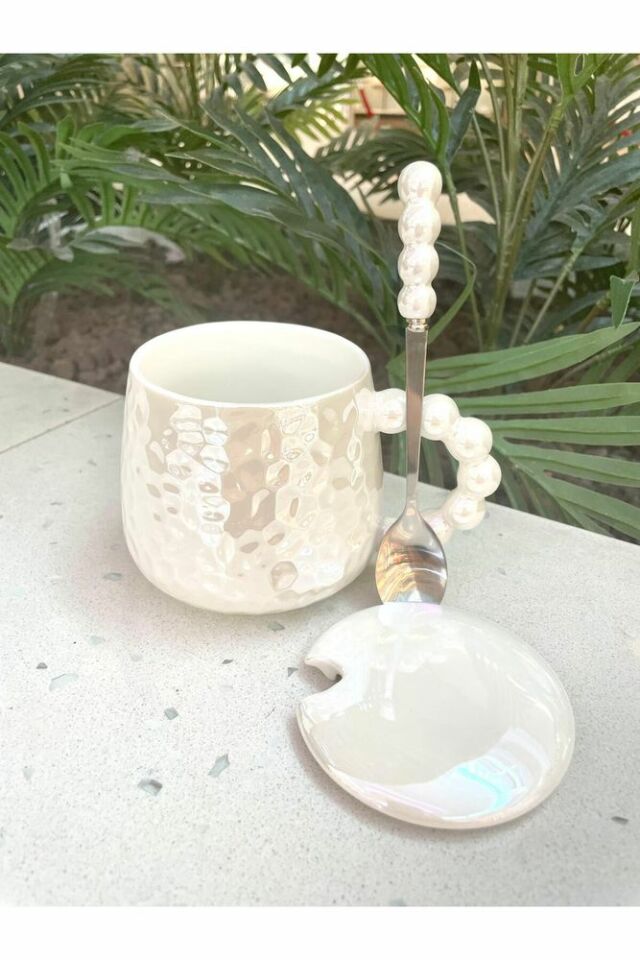 İnci Kupa Mug Beyaz-Kupa kapak ve kaşık