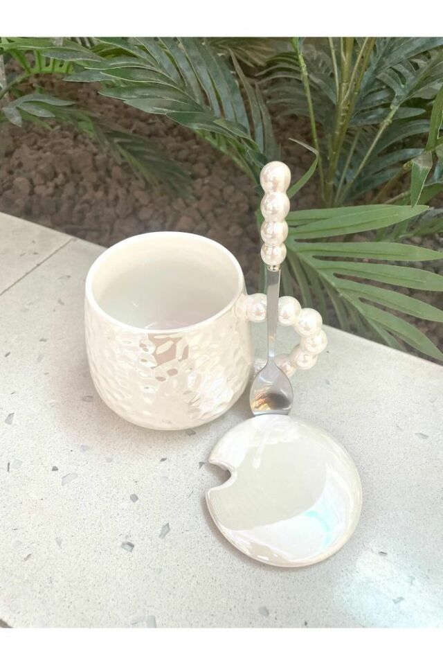 İnci Kupa Mug Beyaz-Kupa kapak ve kaşık