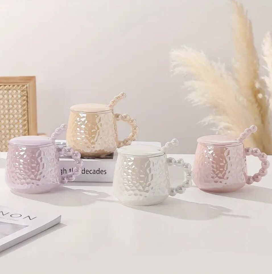 İnci Kupa Mug Beyaz-Kupa kapak ve kaşık