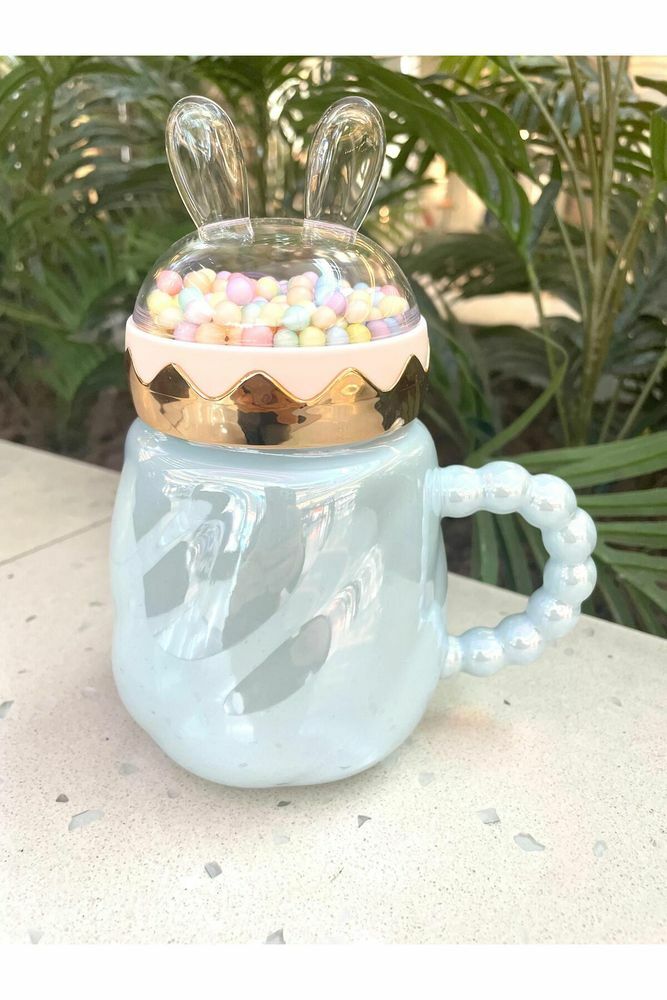 Tavşan Kapaklı Ponpon Kupa Mug mavi