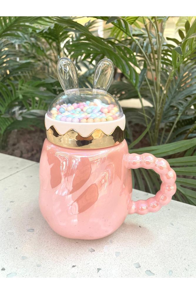 Tavşan Kapaklı Ponpon Kupa Mug Pembe