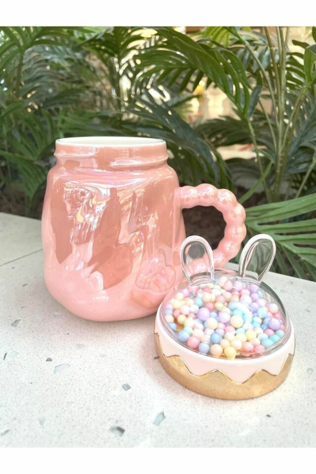 Tavşan Kapaklı Ponpon Kupa Mug Pembe