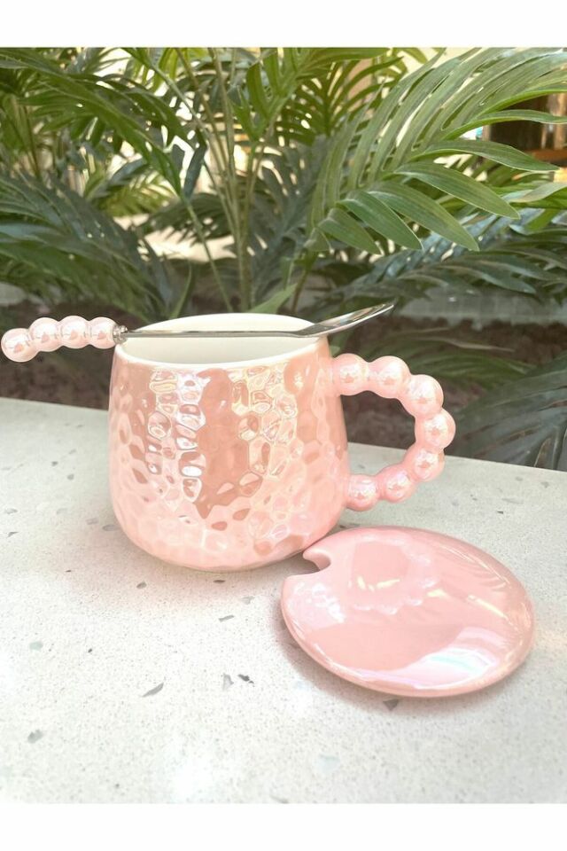 İnci Kupa Mug pembe-Kupa kapak ve kaşık