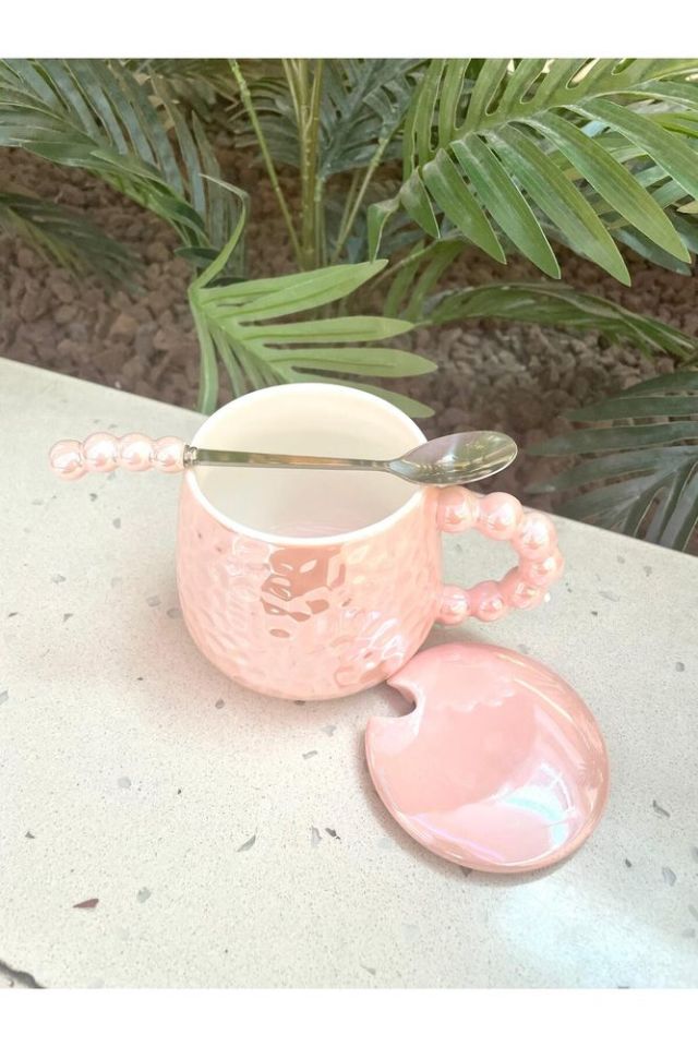 İnci Kupa Mug pembe-Kupa kapak ve kaşık