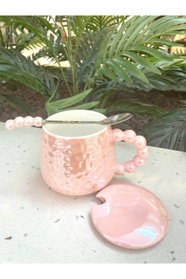 İnci Kupa Mug pembe-Kupa kapak ve kaşık