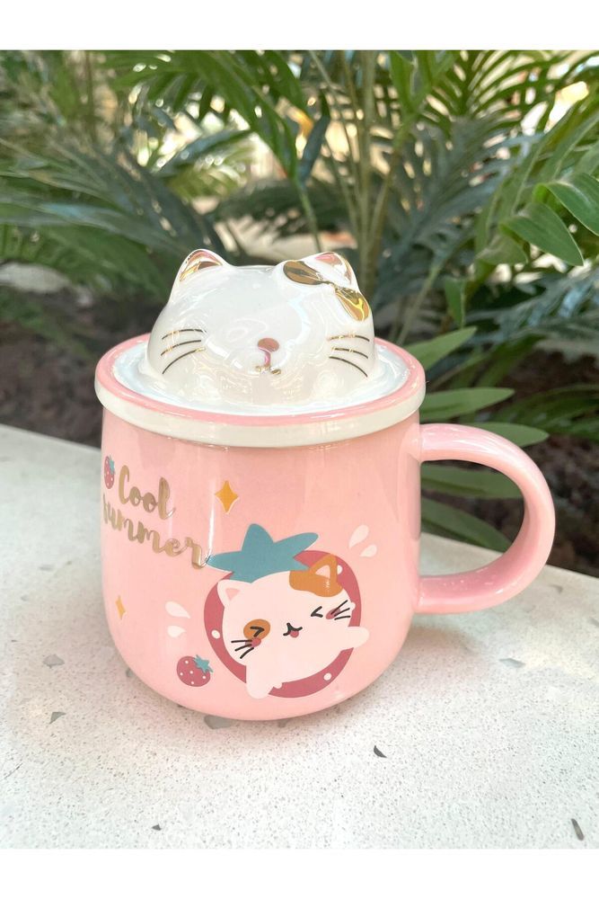 Kawai 3D Kedi Kapaklı Kaşıklı Kupa Bardak Pembe