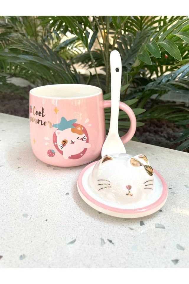 Kawai 3D Kedi Kapaklı Kaşıklı Kupa Bardak Pembe