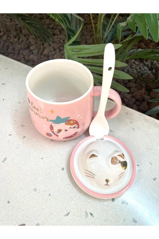Kawai 3D Kedi Kapaklı Kaşıklı Kupa Bardak Pembe