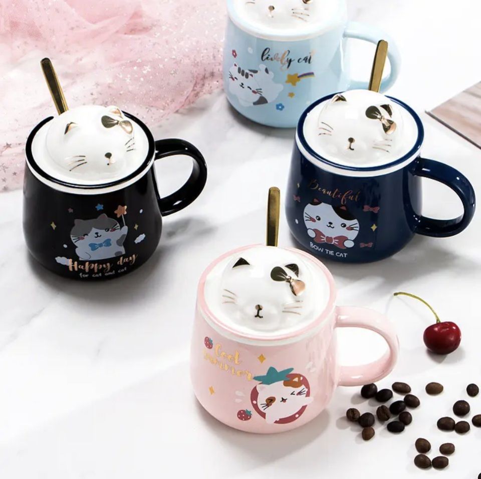Kawai 3D Kedi Kapaklı Kaşıklı Kupa Bardak Pembe