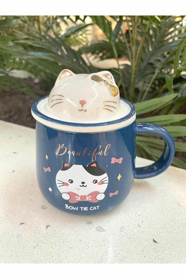 Kawai 3D Kedi Kapaklı Kaşıklı Kupa Bardak Lacivert