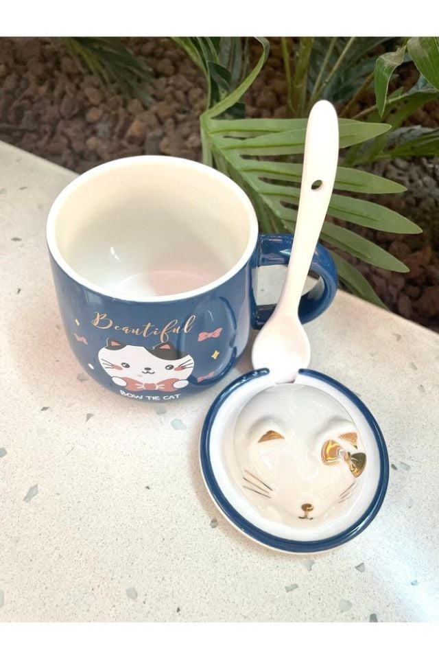 Kawai 3D Kedi Kapaklı Kaşıklı Kupa Bardak Lacivert