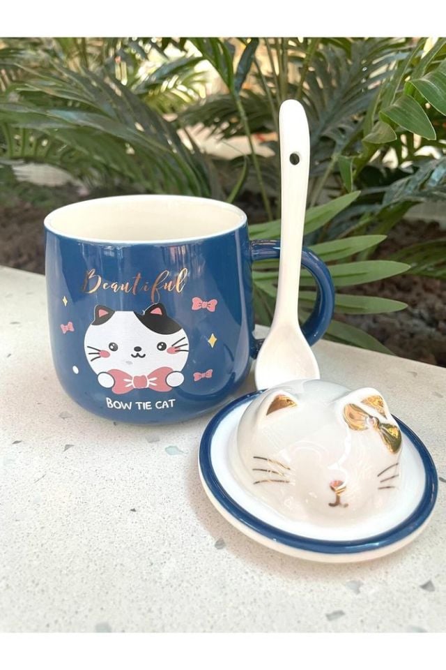 Kawai 3D Kedi Kapaklı Kaşıklı Kupa Bardak Lacivert