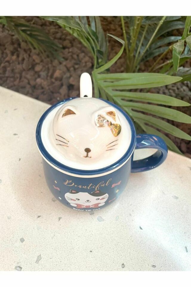 Kawai 3D Kedi Kapaklı Kaşıklı Kupa Bardak Lacivert