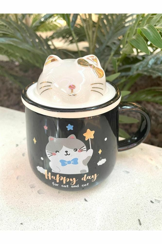 Kawai 3D Kedi Kapaklı Kaşıklı Kupa Bardak Siyah