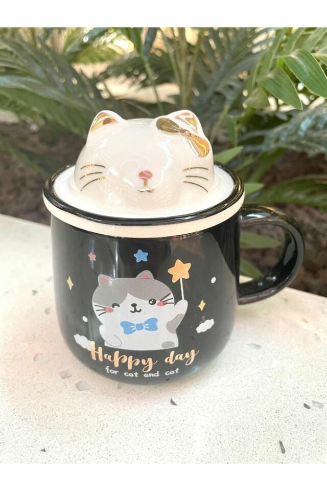 Kawai 3D Kedi Kapaklı Kaşıklı Kupa Bardak Siyah