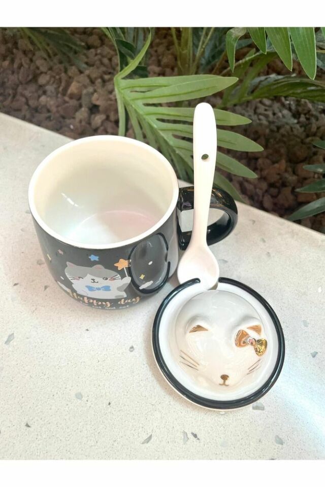 Kawai 3D Kedi Kapaklı Kaşıklı Kupa Bardak Siyah