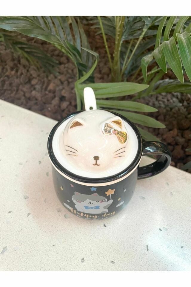 Kawai 3D Kedi Kapaklı Kaşıklı Kupa Bardak Siyah